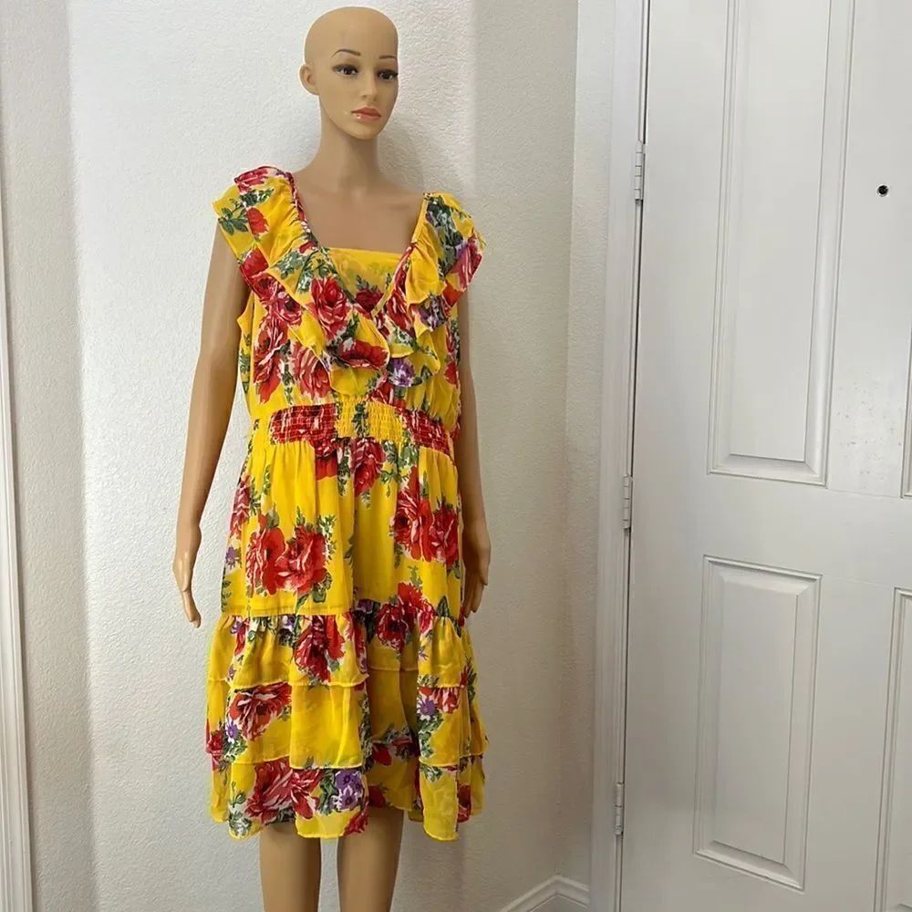 Romans 20 W Dress Cap Sleeves Tiered Ruffles Elastic Waist Yellow Red Floral